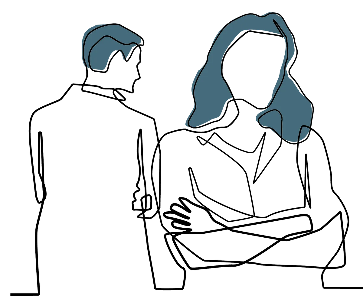 Line drawing of a woman with arms crossed and a man turned away from her