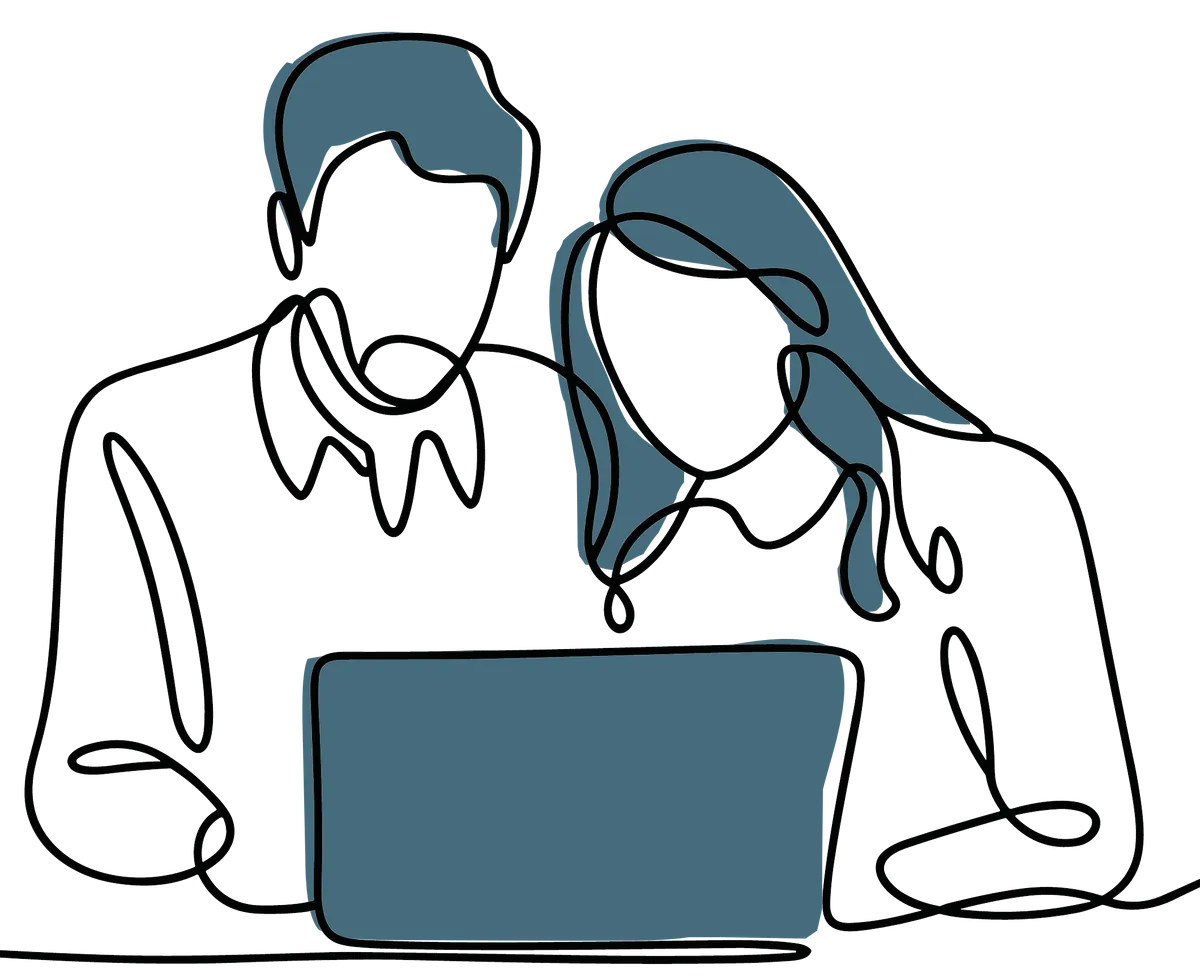 Line drawing of a man and woman sitting close together looking at a laptop